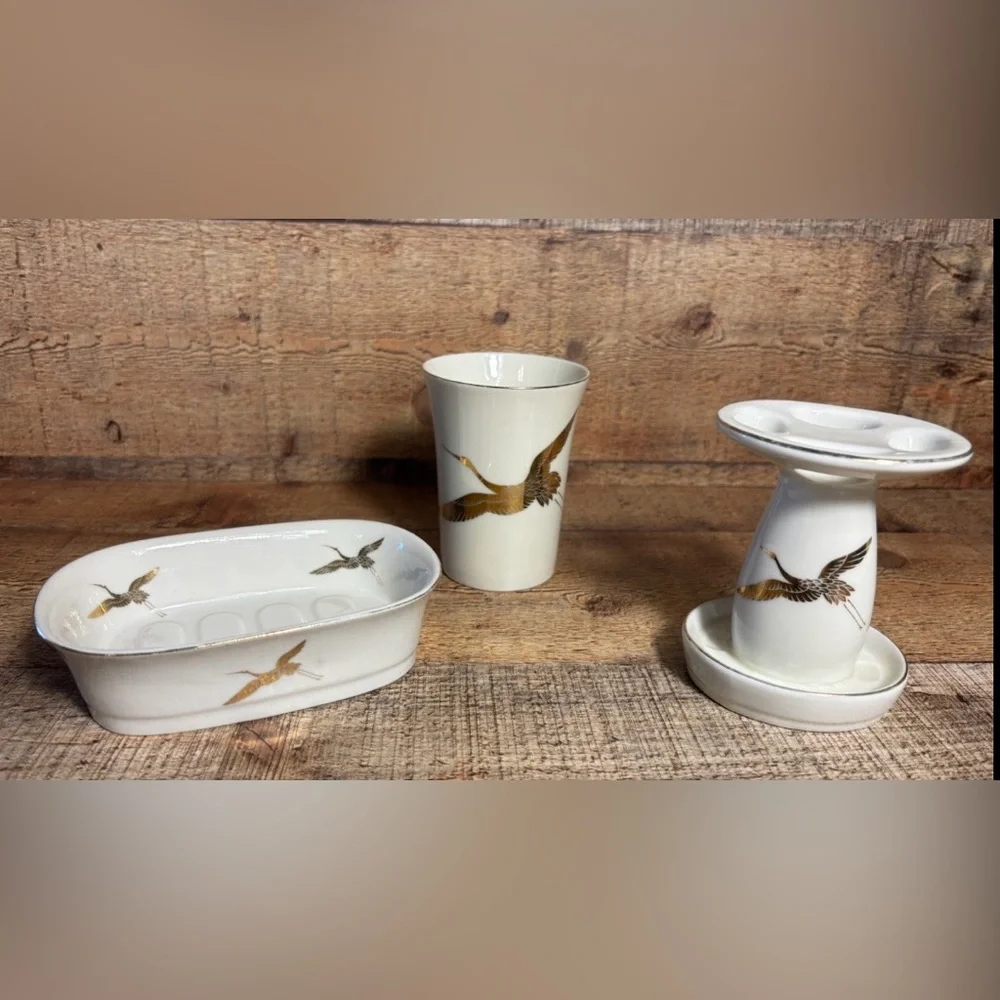 Vintage Takahashi Gold Hand Decorated Cranes Soap Dish Water Cup Toothbrush